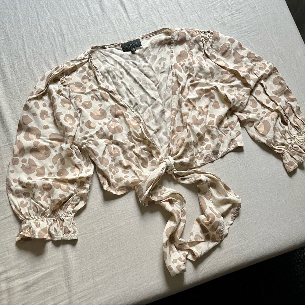 MAJORELLE cream tan leopard print tie front cropped puff sleeve blouse